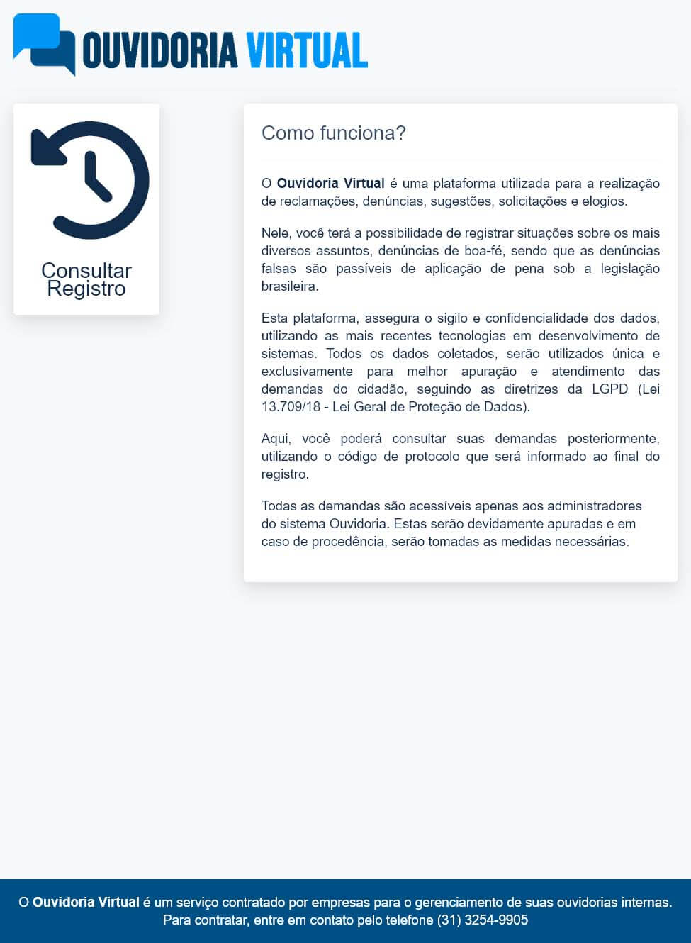 Captura do sistema Ouvidoria Virtual